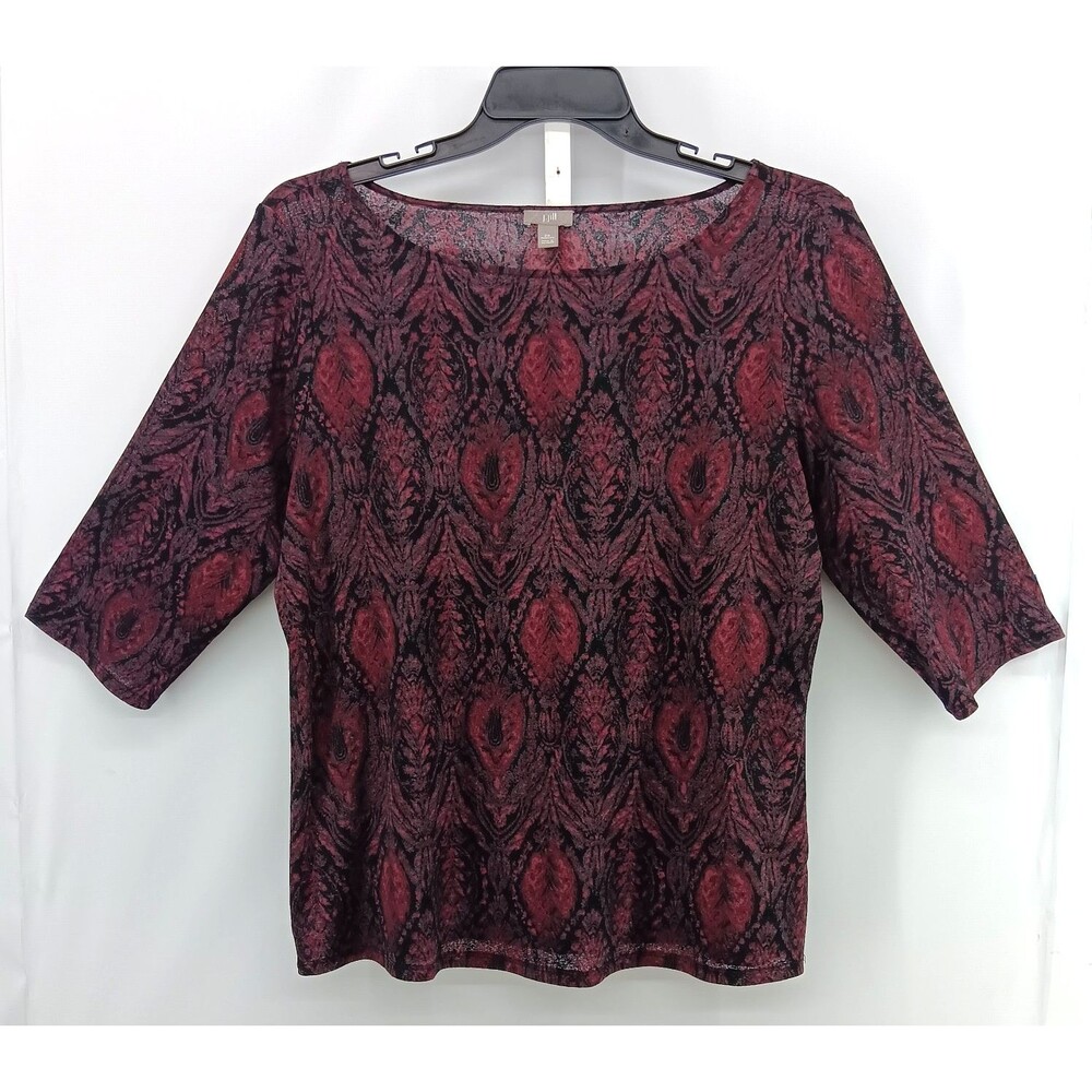 J. Jill Shirt Womens Plus Size 2X Black Red Floral 3/4 Sleeve Moderate Sheer Top